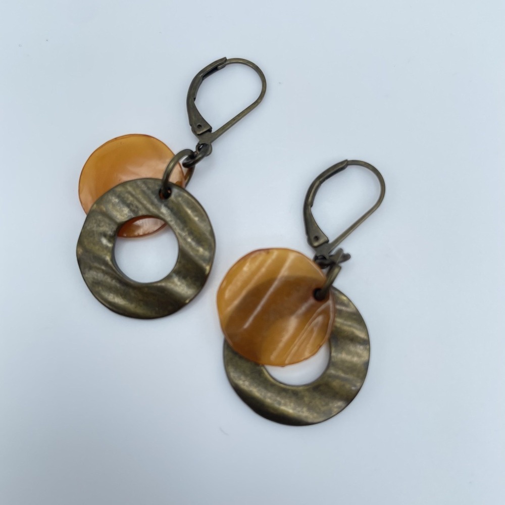 Vintage Amber Tone Hammered Bronze Boho Leverback Drop Dangle Earrings